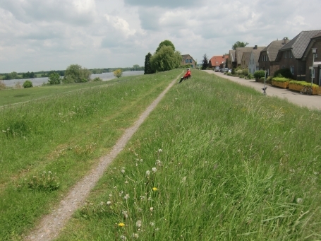 Wesel-Perrich : Blick vom Rheindeich, im Bild rechts die Straße Auf dem Sand und links im Bild der Rhein.